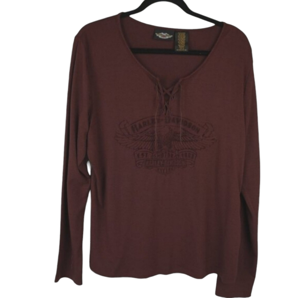 Harley Davidson Maroon Embossed Long Sleeve‎ Pullover Shirt Size XL
